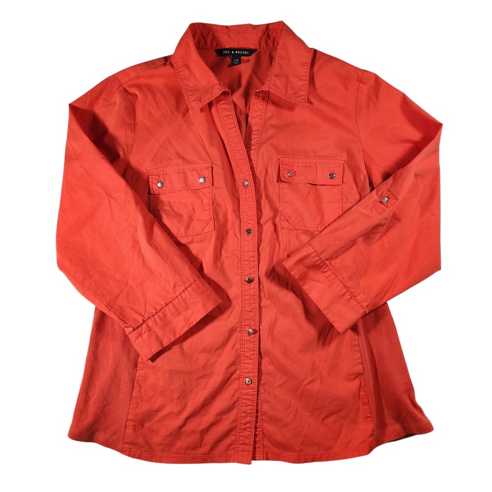 Zac & Rachel Womens Coral Orange Knit Side Panel Roll‎ Tab Sleeve Shirt Large